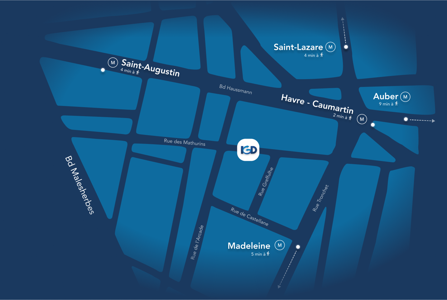 Localisation IGD sur une carte avec distance de gares et métros