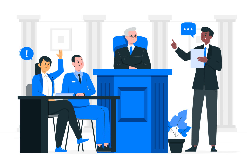 Illustration d'un homme qui parle debout face à un juge