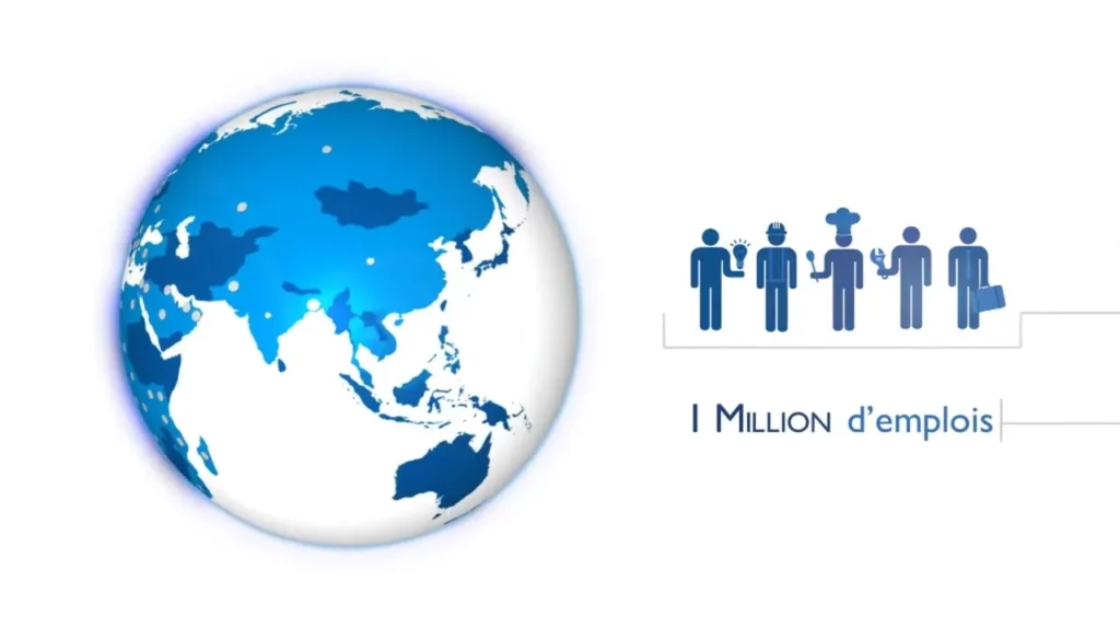La gestion déléguée, un savoir-faire qui fait gagner la France à l’international — illustration d’un globe centré sur l’Asie et l’Océanie avec pictogrammes métiers et mention "1 million d’emplois".