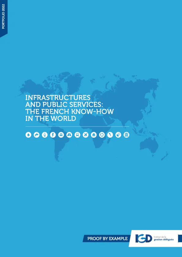 Couverture du rapport "Infrastructures and Public Services: The French Know-How in the World" avec une carte du monde en fond et les icônes des secteurs publics concernés.