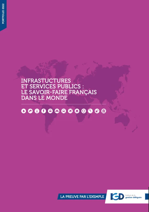 Couverture du rapport "Infrastructures et services publics : le savoir-faire français dans le monde", avec une carte du monde violette et des icônes représentant les domaines d’intervention.