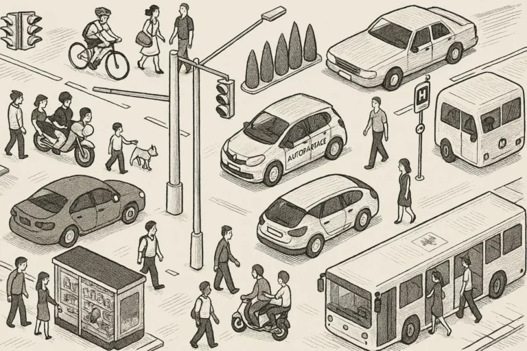 Illustration - Partage de l'espace urbain ( bus à l'hydrogène, autopartage, scooter éléctrique, vélo)